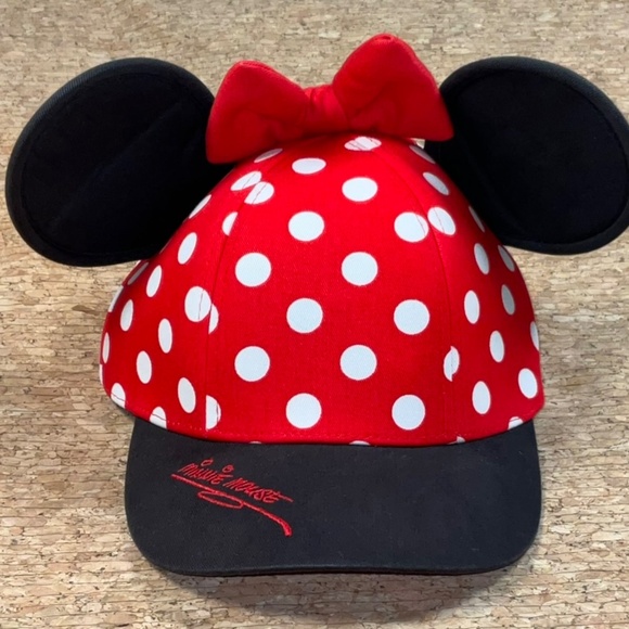 Minnie Mouse Disneyland Parks Polka Dot Youth Cap Hat Ears & Red Bow Authentic - Picture 1 of 9